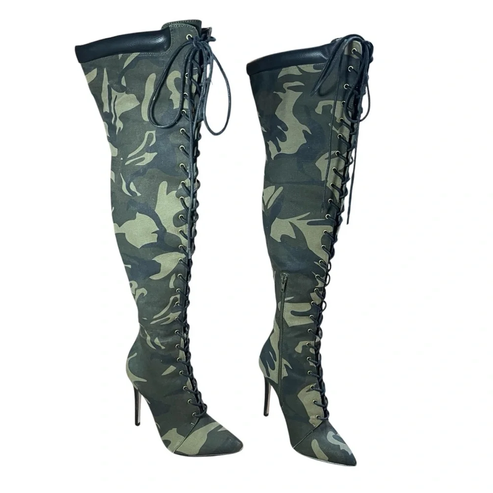 Over The Knee Camo Heels Lace Up‎ Boots | Clubwear Statement Shoes